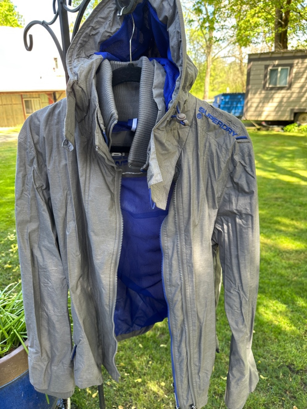 Superdry Men's Gray Windbreaker with Blue Lining and Hood